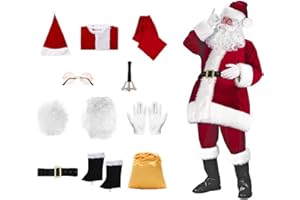 LICUS 11Pcs Homme Déguisement de Père Noël en Velours de Luxe pour Adultes Vêtement Habit Costume Complet Rouge Noël Party Déguiser
