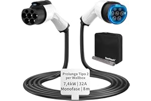 RamTouch Cavo Prolunga Tipo 2 (32 A, 7,4 kW, 8 Metri, Monofase) | Cavo di Estensione Compatibile con Caricatori per Auto Elettriche, Stazioni di Ricarica e Wallbox per EV/PHEV