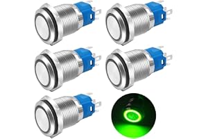 Gebildet 5st 16mm Grön LED-Tryckknapp i Metall, Vattentät, 12V-24V/5Amp, 1NO 1NC, PÅ/AV, för 5/8" Monteringshål