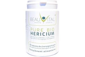 BEAUVITAL Pure Bio Hericium erinaceus 120 capsules de 500 mg chacune de poudre de champignon médicinal issu de l'agriculture biologique de l'UE, végétalien
