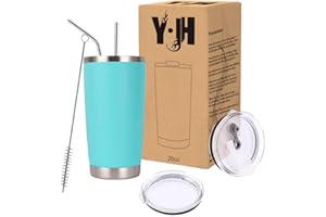 YJH Y·JH 20oz (550ml) Taza Termo Cafe Para Llevar - Vaso Con Pajita - Taza Térmica de Acero Inoxidable Reusable - 2 Tapas a Prueba de Salpicaduras Pajitas - Turquesa