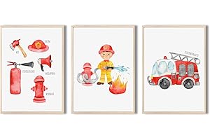 MeinBaby123® Children's Room Pictures, Set of 3, DIN A4 Poster Set, Fire Engine, Firefighter, Decorative Children's Room Boy, Baby Room Decoration, Wall Poster Premium (Fire Brigade V3)