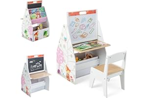 Maxmass Kids Art Table and Chair, Wooden Children Activity Play Table with Double-sided Art Easel, 2-Tier Bookshelf, Storage Bin, Toddler Craft Table Set for Drawing, Studying, Eating (White)