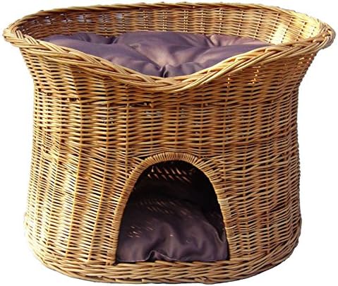 Floranica® - 2 Sizes (L, XL) Wicker Cat Tower Two Tier Bed Basket House + cushions, organic willow product, made in the EU, Cushion color:dark cushions, Size:XL (70x50x50 cm)