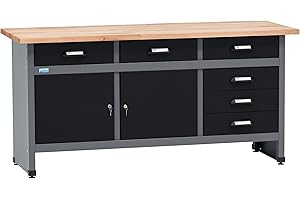 Küpper Werkbank 12179, 170x84x60 cm, 6 Schubladen, 2 Türen, 300 kg Traglast, 30 mm Massive Buchenarbeitsplatte (Schwarz, 170x84x60 cm)