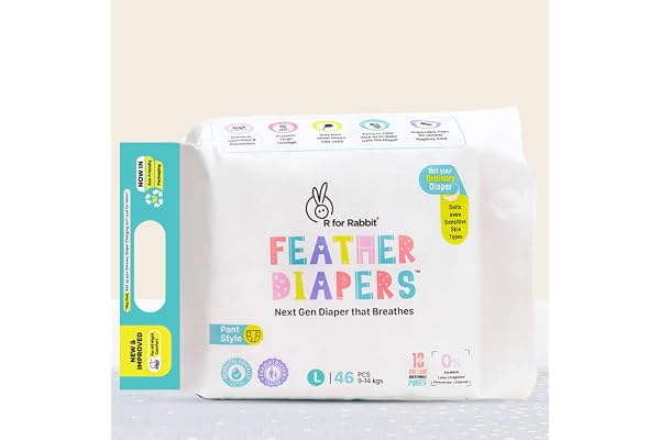 R for Rabbit Pant Style Feather Diaper Large (L) Size for Baby 9 to 14 kgs 46 Units (46 Count, Pack Of 1)