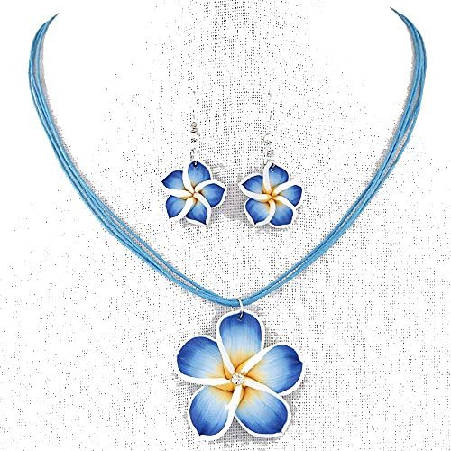 Blue Soft Polymer Clay Daisy Flower,Beach Bohemian Multi Strand Cord Necklace and Earring Set