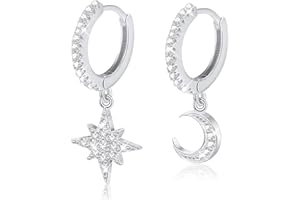 Milacolato Orecchini Pendenti Cerchio Donna Argento Sterling 925 con Stella di Luna Orecchini a Cerchio con Ciondolo a Forma di Cartilagine Asimmetrica Piccola CZ per Donna