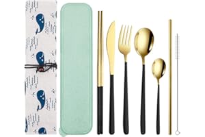 9 Pcs Portable Cutlery Set with Case, QLFJ-FurDec Reusable Stainless Steel Travel Lunch Utensils with Fork Spoon Knife Chopsticks, and Straws, Cleaning Brush for Camping, Picnic