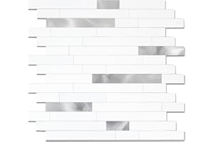 Yipscazo 20 Sheets Peel and Stick Stone Metal Tile Backsplash, Stick on Tiles for Backsplash Kitchen, Bathroom, Laundry Room, Camper, Fireplace (12'' X 12'', Bright White Metal)