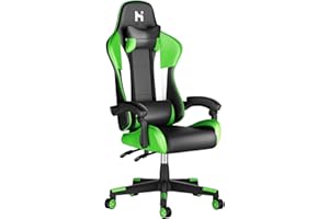 HLFURNIEU Chaise Gaming Ergonomique Fauteuil, Chaise avec Coussin Lombaire et Appui-tête, Siège Gamer Hauteur Réglable, Noir et Vert