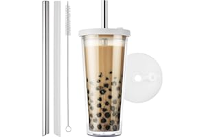 ALINK Tasse à thé à bulles, avec couvercle et paille, en plastique transparent, anti-fuite, double paroi isolée, 680 ml