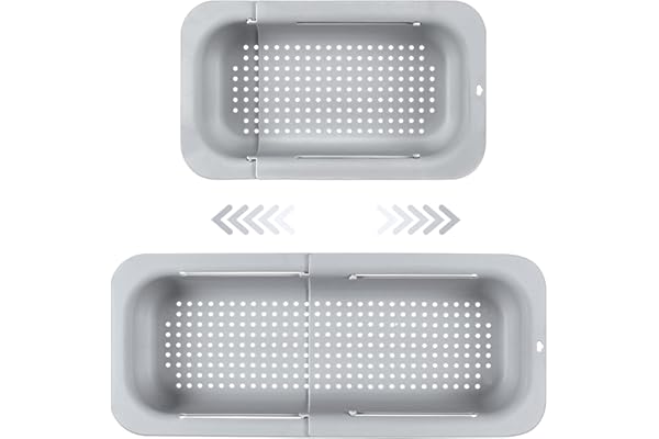 Passoire d'évier extensible - Matériau PP alimentaire - Trous de drainage efficaces - Porte-séchage rapide pour vaisselle - Facile à nettoyer et durable. (Gris clair)