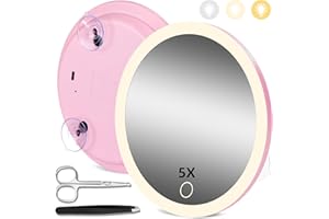 HMGGOOFA 5X Magnifying Mirror with Light, Magnifying Mirror with 3 Suction Cups, Lighted Makeup Magnifying Mirror 3 Color Dimmable Travel Magnifying Mirror, Large 5X Magnified Mirror with Tweezers and Scissors