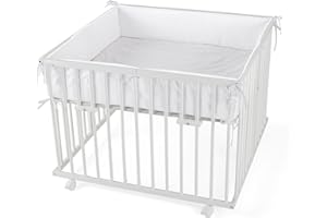 WALDIN Baby Laufgitter/Laufstall ca. 100 x 100 cm, BUCHE MASSIV, höhen-verstellbar, 2 Modelle wählbar, Holz weiß lackiert, Stoff weiß/Punkte grau