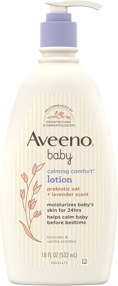 Aveeno Baby Bebek Yatıştırıcı Rahat Nemlendirici Losyon, Rahatlatıcı Lavanta ve Vanilya Kokusu, Yağsız Vücut Losyonu, Doğal Yulaf ezmesi ve Dimetikon, Paraben ve Ftalat İçermez, 18 fl. Oz