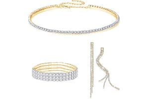 FDEETY Juegos de Joyas de Mujer Conjunto de Joyería para Novia Diamantes de Imitación Collar Pulsera Pendientes de Borla Juego para Fiesta de Boda