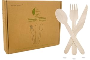 GEMERIC Juego de cubiertos desechables de madera, 200 unidades, 100 tenedores, 50 cuchillos, 50 cucharas, respetuoso con el medio ambiente y compostable para fiestas, cumpleaños, camping y picnic