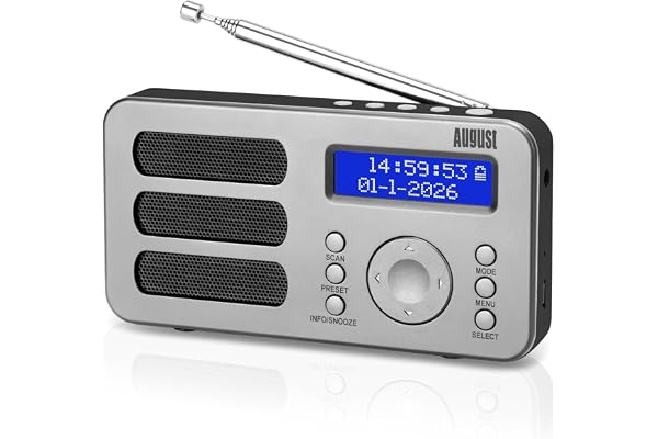 August MB225 - Radio Portable Rechargeable FM Dab RNT - Petite Radio Numérique Stéréo Portative Digitale avec Batterie Alarme Poste 40 Présélections et Prise écouteurs (Argent)