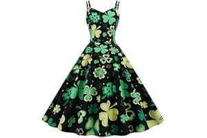 ARESTORY Womens St Patricks Day Fancy Dress GreenClover Shamrock Dress Irish Lady Luscious Leprechaun Costume Casual Evening Party Prom Swing Dress Vintage Dresses Rockabilly Halter Skirt 41 Colors Gift