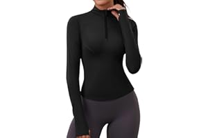 Rapbin T-Shirt Damen Langarm Sportshirt Gym Top Sport Oberteil Laufen Shirt Leicht Fitness Oberteil mit 1/4 Reißverschluss und Daumenloch