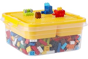 OGANAZI Plastic Building Block Bricks Storage with Sorting Tray and Building Plate Lid, Lego Compatible, Yellow, 24x24x11cm