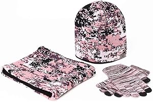 TJZY Unisex Beanie Hat Gloves Scarf Three-Piece Men Women Print Camouflage Knitted Cap Plus Velvet Thicken Bib/Pink / 3pcs