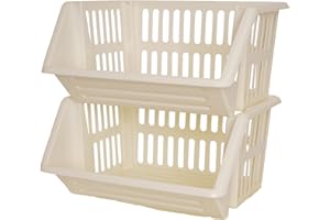 ZARVICZONIA Large Stacking Storage Baskets Veg Rack, Durable Plastic Stackers, Dimensions: 36 cm (L) x 30 cm (D) x 17.5 cm (H) (Cream, Pack of 2)