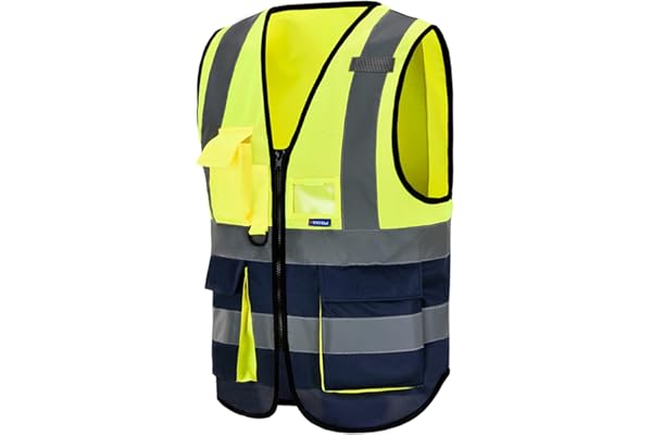AYKRM Chaleco de seguridad Reflectante Alta visibilidad Ropa de trabajo chaleco Cremallera Seguridad Chaleco de Trabajo Multibolsillos 21 colores