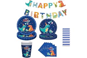 NINEFO 16 Gäste Dinosaurier Geburtstag Party Supplies Set, Dinosaurier Party Favors gehören Teller, Tassen, Besteck, Cupcake Topper, Dino Party Banner, Tischdecke, Dino Spielzeug