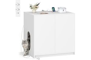 Fobyfurny Kattlåda Möbel med Eluttag, 80 x 60 x 80 cm, Vit | Möbel för Dold kKattlåda med USB, för Elektriska Kattlådor, Katt
