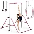 GYMMAGE Gymnastics Bars with Bar Pad, Junior Training Kip Bar Gymnastics Equipment for Home Garden, Adjustable Height Gymnastic Folding Horizontal Bar with Gymnastic Rings for Kid Boys Girls