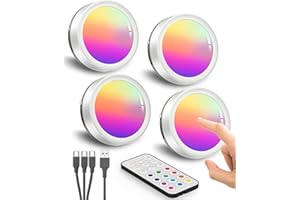 HIDURE Lampe de Placard RGB Sans Fil, Batterie de 1600mAh Spot LED Autocollant Rechargeable USB Lampe Vitrine Telecommande Spot Cuisine Sous Meuble Couleur Lumiere Armoire Pile Tactile Veilleuse Adhesive