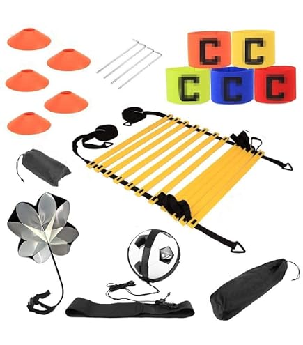 Kit Foot Échelle 6m 12 Barreaux + 12 Cônes + Kicktrainer + Corde à Sauter + 4 Barres Acier - Entraînement Agilité, Vitesse, Technique