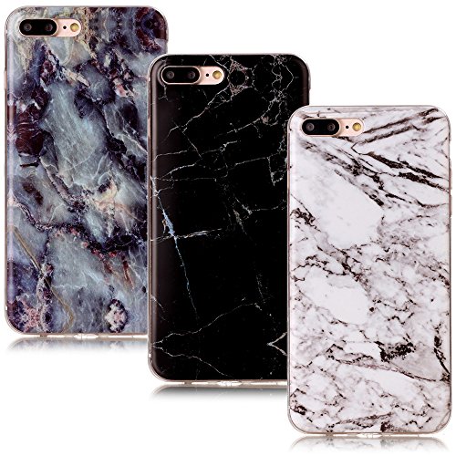 CLM-Tech 3in1 Accesorios Set: 3 x TPU Gel Silicona Funda Carcasa para Apple iPhone 7 Plus / 8 Plus Tapa Case Mármol Patrón Negro Blanco Colorido Cover