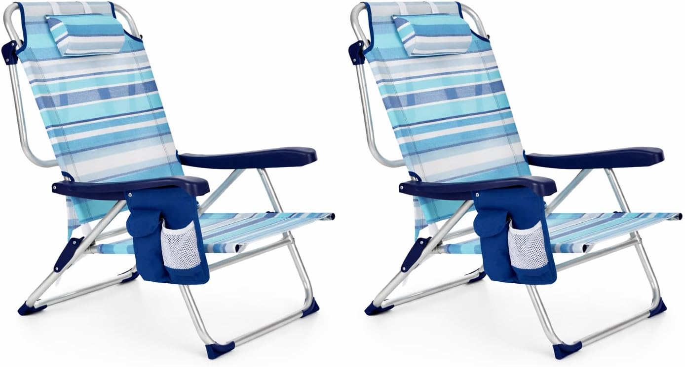 ARW - Silla de Playa Plegable con Bolsillo Lateral, 5 Posiciones Reclinables, Estructura de Aluminio Ligera, Cojín Reposacabezas, Asas Mochila y Cierre Clic, Soporta 110 kg (Rayas Azules PACK 2)