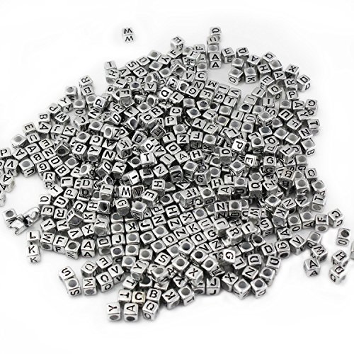 Mezclado 500PCS 6mm Granos de acrílico de la letra de plástico granos del espaciador del alfabeto colorido cubo para las pulseras DIY Collares Cadenas (plata)