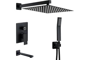 KINKIBOS Black Concealed Shower System Wall Mounted, 3-Function Shower System with 25 * 25 CM Rainfall Shower Head, High Pressure Handheld Shower and Bath Spout, Brass Shower Mixer