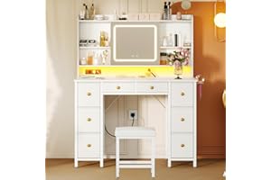 ODK Schminktisch mit Bewegbarem LED-Spiegel, Toilettentisch mit Eingebauten USB-Steckdosen & RGB-Lichtleiste, Schminktisch mit Hocker und 8 Schubladen, Weiß Schminktisch 110×40×137cm