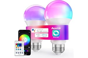 Auxmir Bombilla Inteligente LED WiFi E27, 16 Millones de Colores, Brillo Regulable, 10W, 800 Lúmenes, Compatible con Alexa y Google Home, Paquete de 2