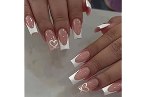Goiern Białe gwoździe French Tip Press On do trumny, średniej wielkości, sztuczne z wzorem w kształcie serca, do naklejania paznokci, błyszczące pełne pokrycie, 24 szt