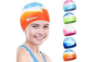 Swimming Cap Kids, Swim Caps for Girls Boys Children Aged 5-14, GIKOY Comfortable Stretchable Swimming Hats for Long Hair, Silicone Odour Free Waterproof Swim Hat, Non-Slip lining & Keep Hair Dry