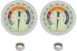 GLOWYE 3 1/8” Luminous BBQ Thermometer Gauge for CharBroil Oklahoma Joe’s Smokers, Weber, Royal Gourmet, Char-Griller and Most Charcoal Grills, 1/2 NPT Stainless Steel Grill Temperature Gauge, 2-Pack