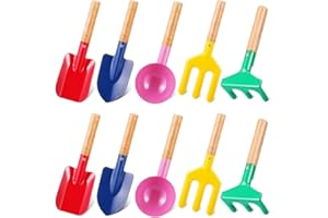 LATERN 10 Piezas Herramientas de Jardinería para Niños, 20CM Juguete de Playa Metal Cuchara Tenedor Paleta Rastrillo con Mango de Madera para Jardín Tierra Trasplante Verano Playa Arenero Excavación