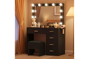 DWVO Vanity Table and Stool with LED Bulb Mirror, Dressing Table with Adjustable Lighting, 4-Drawer Storage, Hair Dryer Rack & Built-in Plug Socket, Dressing Table for Bedroom, Black