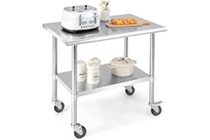 ‎COSTWAY COSTWAY Edelstahl Arbeitstisch Küche, Edelstahltisch mit Höhenverstellbarer Ablage & 4 Universalrädern, 250 kg Tragkraft, 91,5x61x88,5cm, Küchentisch Zerlegetisch Tisch, Zubereitungstisch Bar