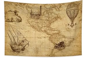 YongFoto 150x130cm Mappemonde Tapisserie Tenture, Continent américain Age Industriel Invention Couverture pour la Chambre Vieux siècle Aventure Découverte Historique pour l'école Salle de Cours