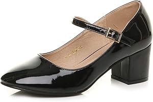 AJVANI Womens Ladies mid Block Heel Strap Work Evening Party Mary Jane Court Shoes Size
