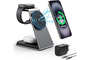 AOWIN Mag-Safe Ladestation 3 IN 1, Ladegerät kompatibel mit App1e Watch und iPh0ne, Induktive Ladestation auch geeignet für Airp0ds Pro 3 2,Ladegerät kompatibel mit iPh0ne 16 15 14 13 12Serie(Grau)