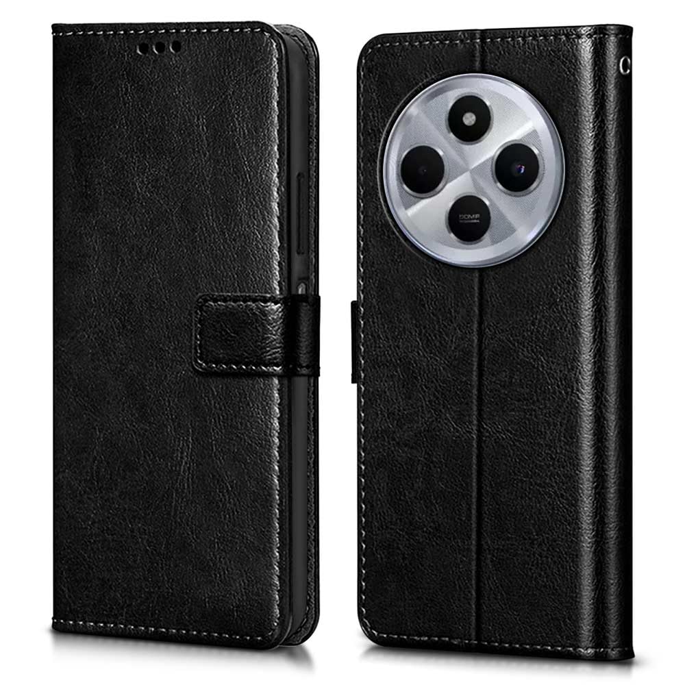WOW IMAGINE Shock Proof Flip Cover Back Case Cover for Redmi A4 5G | Poco C75 5G | 14C 5G | Poco M7 (Flexible | Leather Finish | Card Pockets Wallet & Stand | Black)